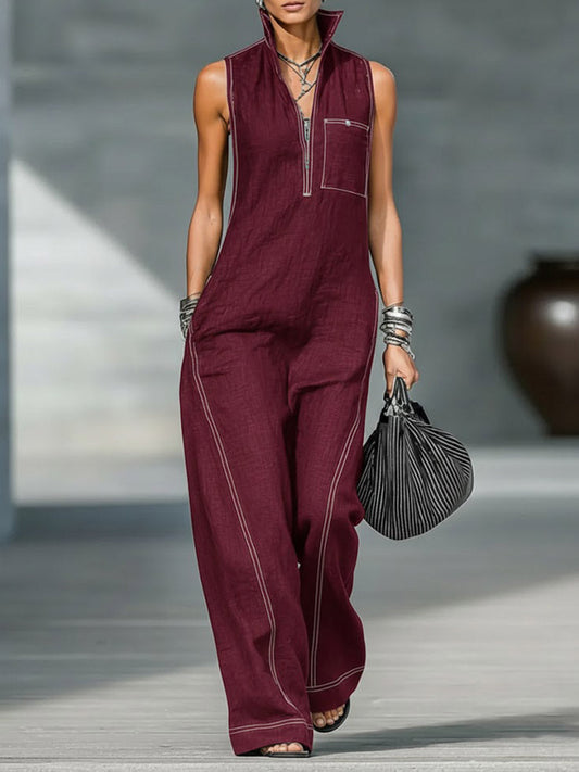 Women's Stand-collar Sleeveless Casual Loose Cotton And Linen Jumpsuit