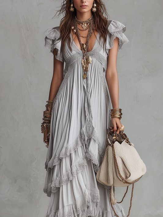 Romantic Lace Trimmed Layered Bohemian Maxi Dress