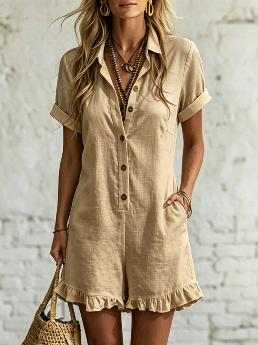 Women's Short-sleeve Shirt Romper â Pleated Cotton-linen Jumpsuit