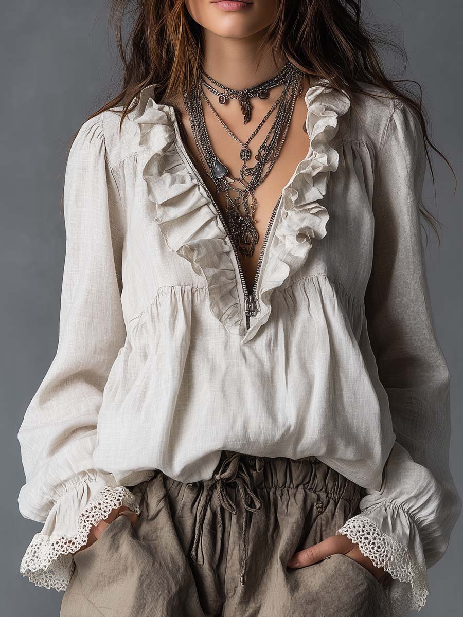 Effortless Zip-up Collar Ruffled Cotton Linen Blouse