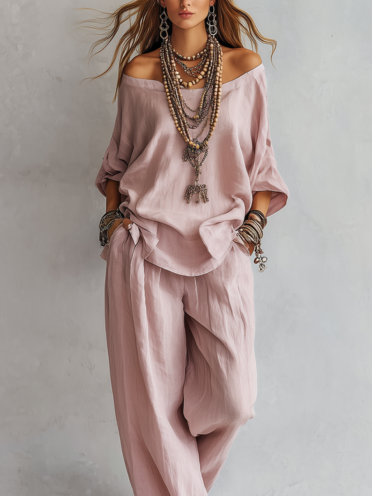 Casual Light Pink Linen Wide-leg Pants Set