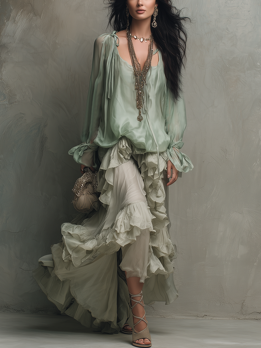 Bohemian Mint Chiffon Ruffle Blouse With Layered Skirt