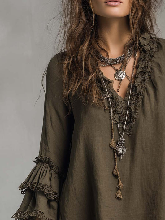 Ruffled Lace Cotton Linen Long-sleeved Blouse