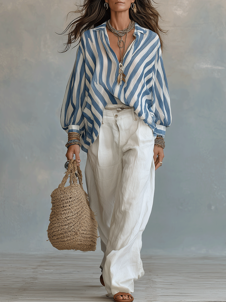 Lightweight Resort Soft Bohemian Vertical Stripe Shirt