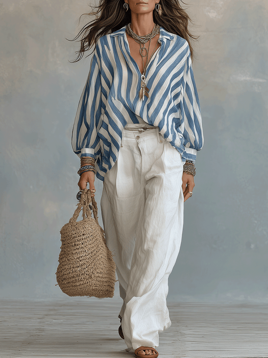 Lightweight Resort Soft Bohemian Vertical Stripe Shirt