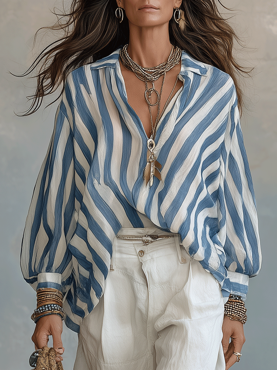Lightweight Resort Soft Bohemian Vertical Stripe Shirt