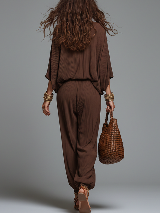 Warm Espresso Textured V-Neck Batwing Sleeve & Harem Trouser Co-ord Set