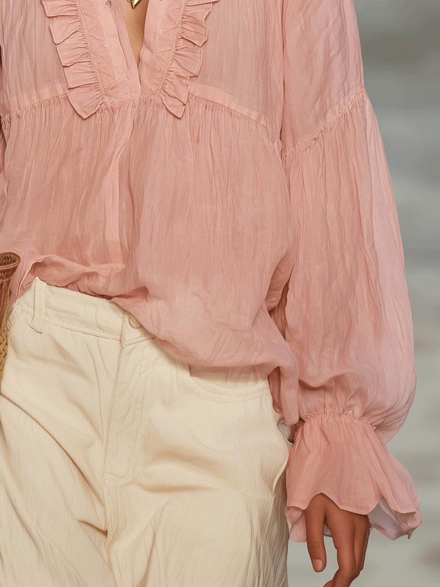 Ruffled Pink Blouse With Boho Charm