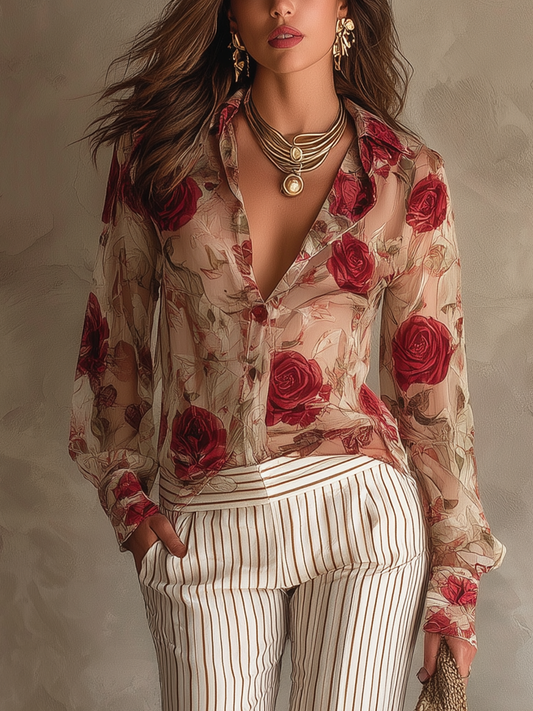 Bohemian Romantic Rose Chiffon Blouse