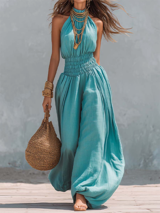 Retro Halter-neck Elasticized Waist Jumpsuit