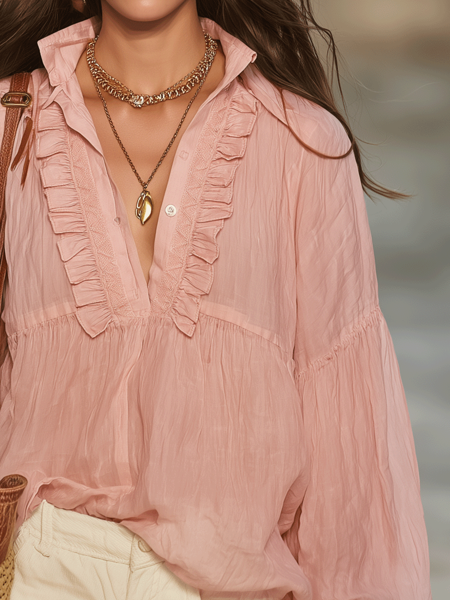 Ruffled Pink Blouse With Boho Charm