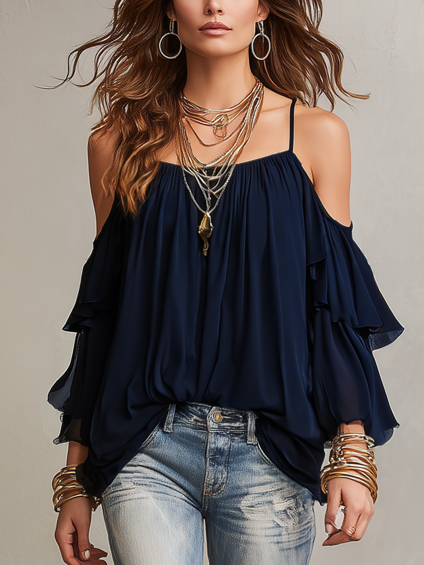 Refined Cold-Shoulder Tiered Blouse
