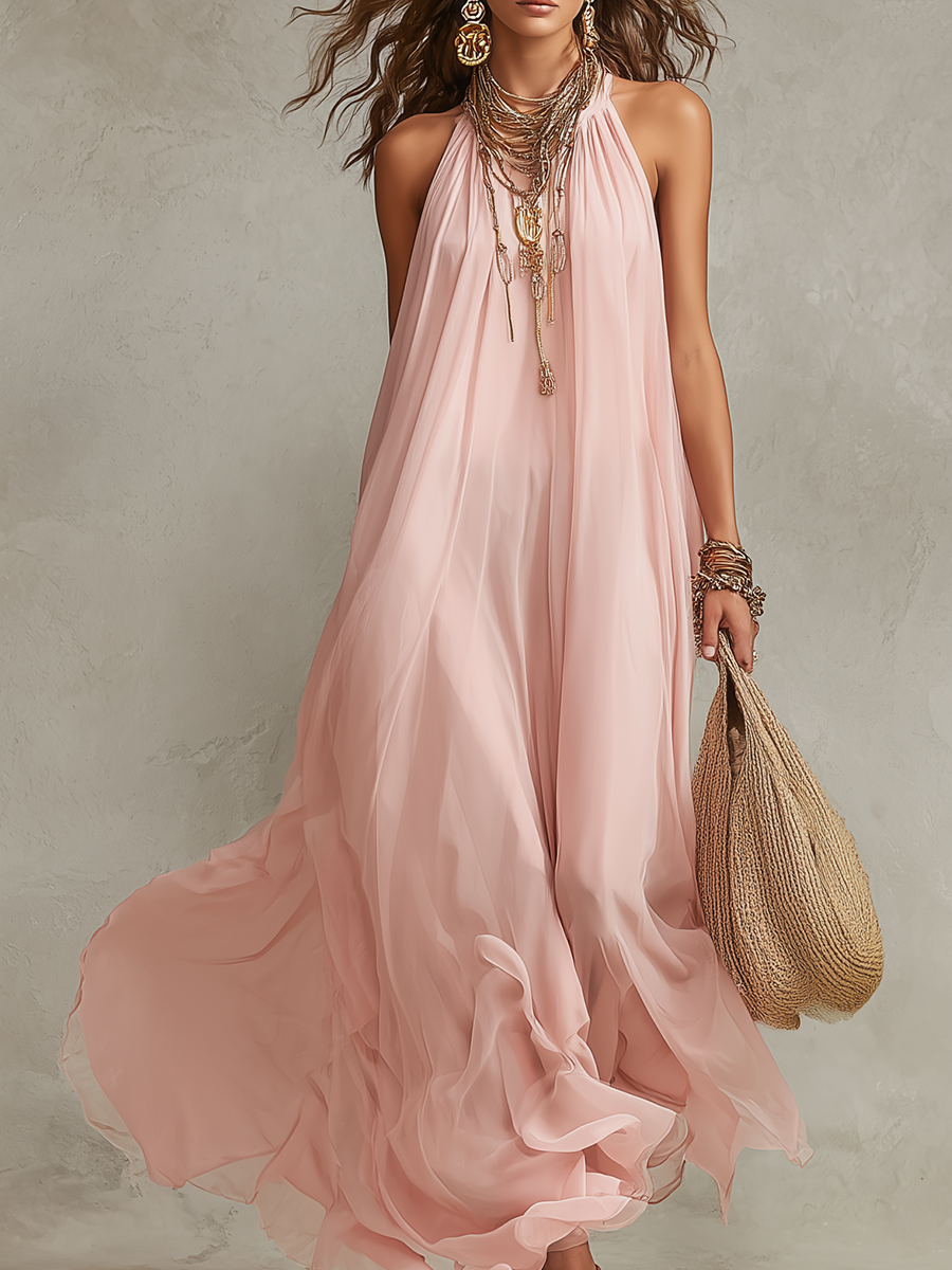 Bohemian Pink Flowing Chiffon Halter Neck Maxi Dress